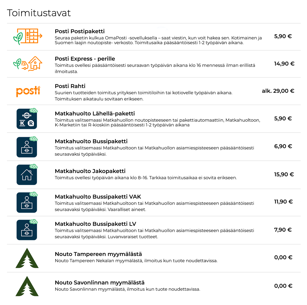 Toimitustavat ja hinnat